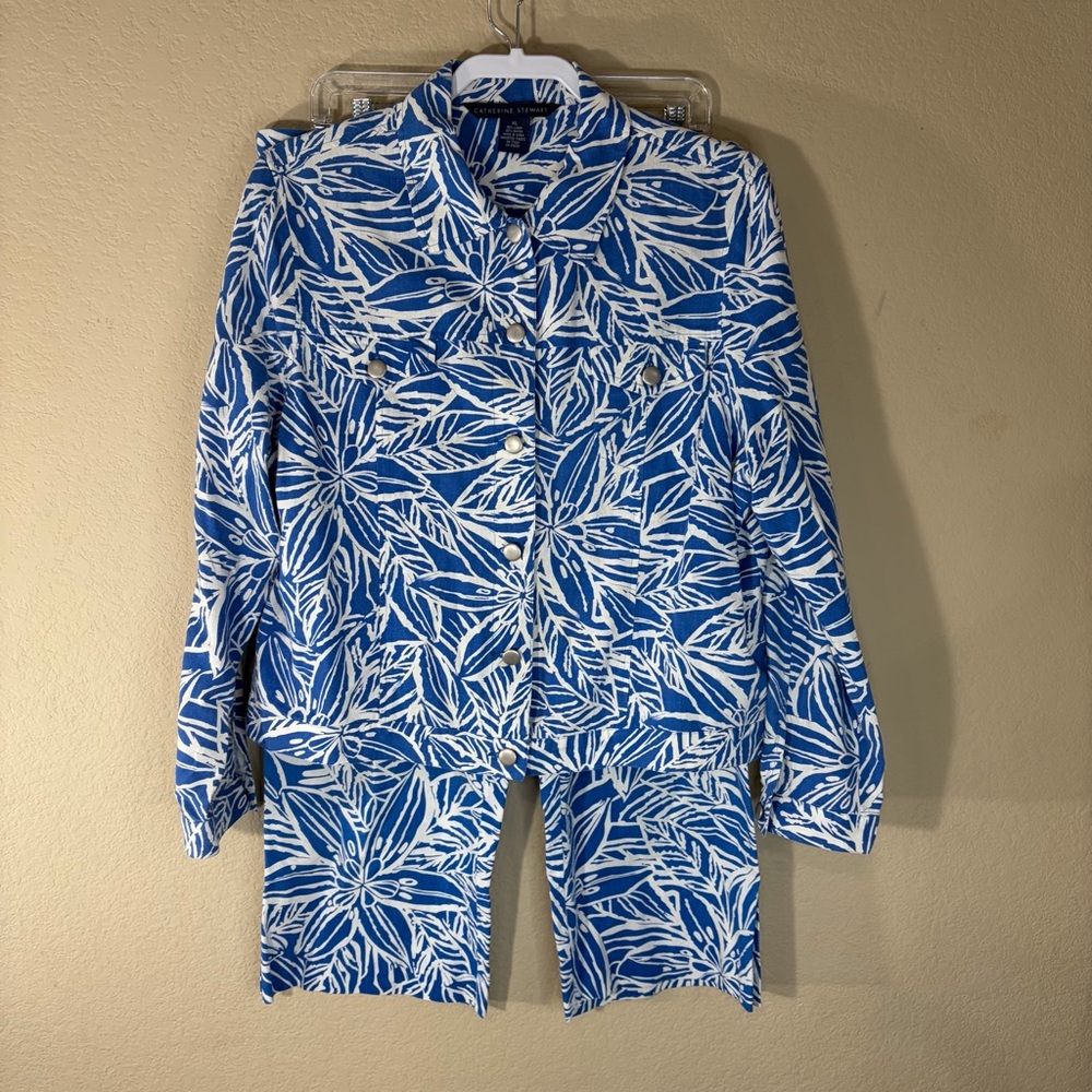 CATHERINE Stewart Blue White Elegant Florals Suit Set Top Sz XL Pant Sz L